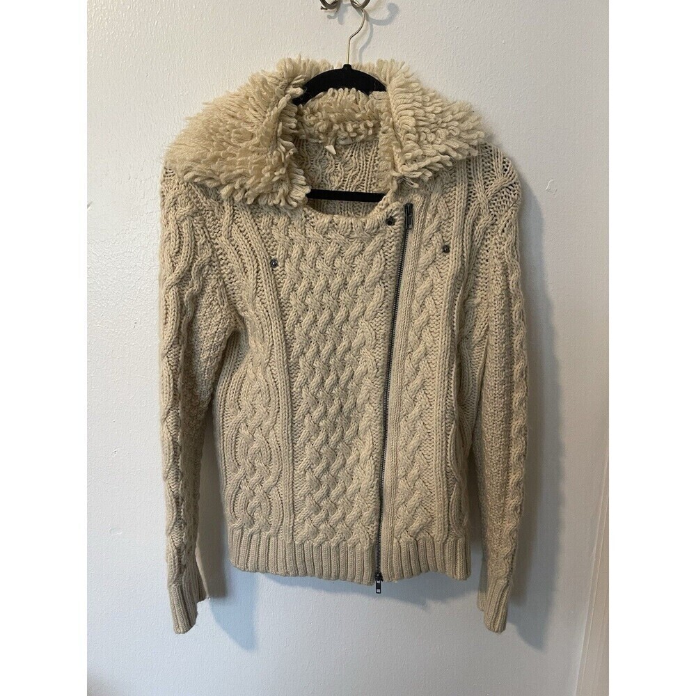 Anthropologie Moth Women’s Sz S Cable Knit Fringed Moto Zip Jacket Sweater Cream